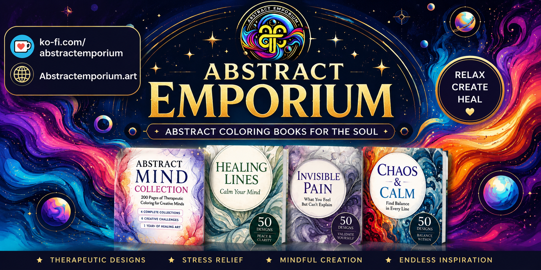 Abstract Emporium Coloring Books - Chaos & Calm, Healing Lines, Invisible Pain, Abstract Mind Collection - Therapeutic designs for stress relief and mindful creation