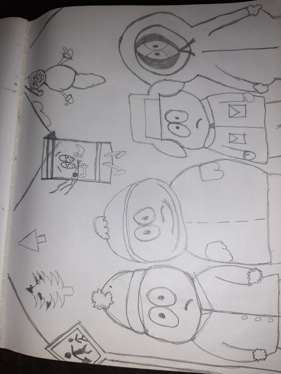 Freehand South Park-style sketch: a one-eyed cyclops, a mustached police officer, round pom-pom characters and a TV-frame face