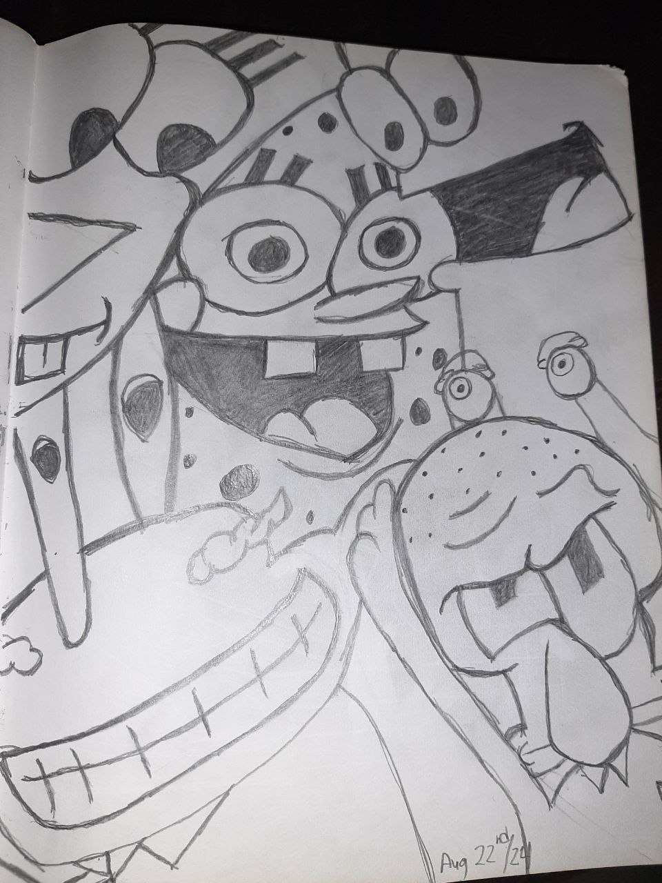 Freehand distorted SpongeBob SquarePants sketch with square-toothed grin and Patrick-like body, dated Aug 22 2024