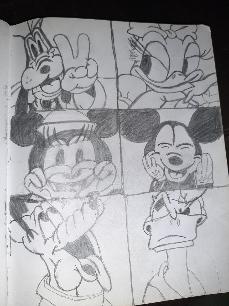 Freehand 6-panel Disney studies: Goofy, Daisy, Minnie, Mickey laughing, Goofy, Donald