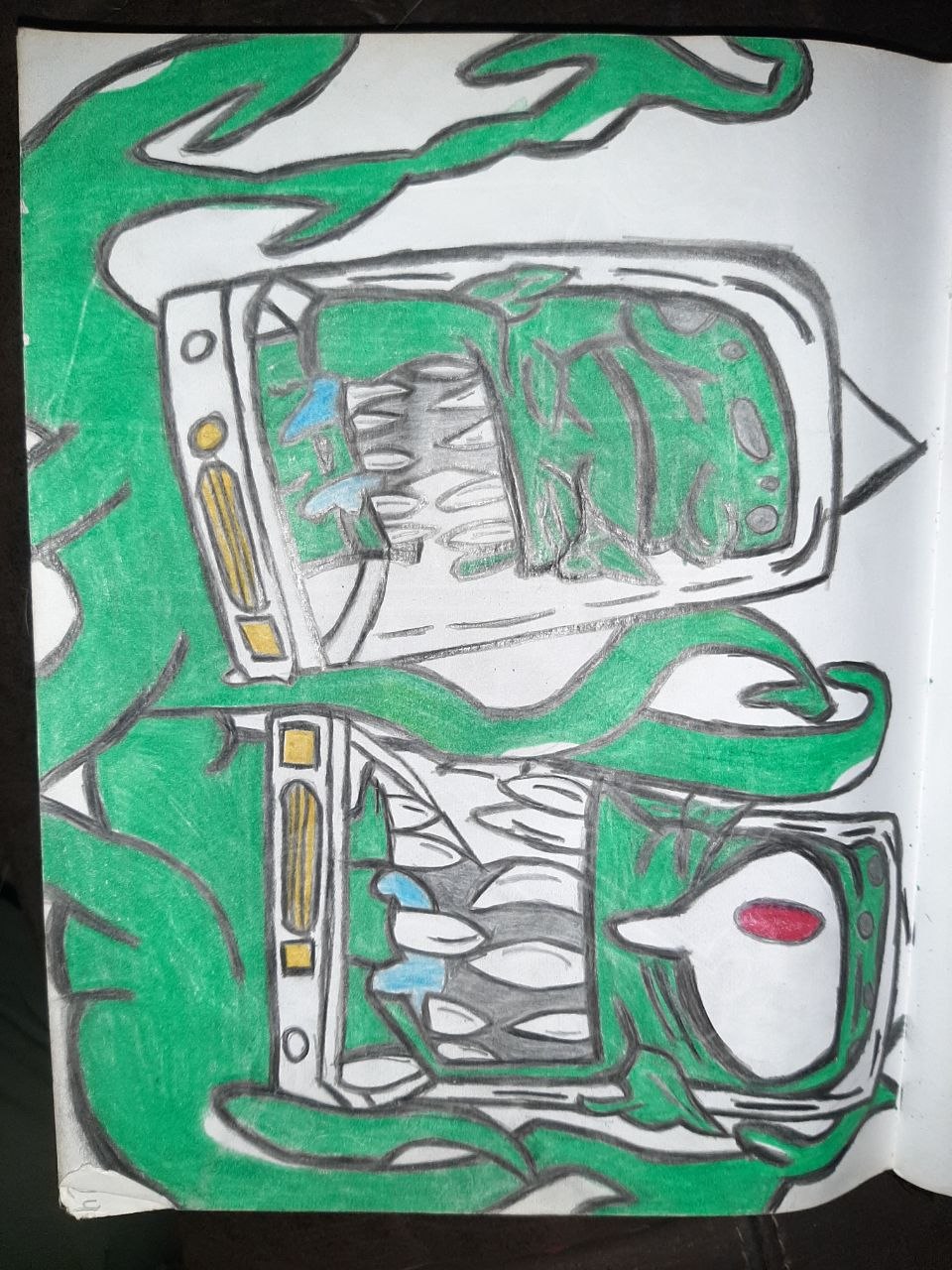 Freehand marker drawing of two green mecha vehicles with a red-eyed bird-mask, wrapped in vine-like organic shapes