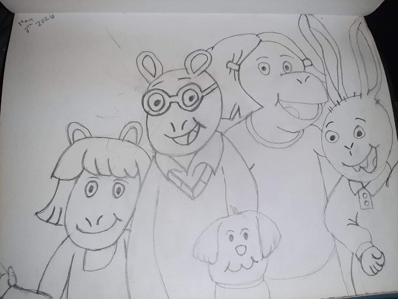 Freehand Arthur sketch: D.W., Arthur, Pal, Sue Ellen and Buster grouped, dated May 8 2026