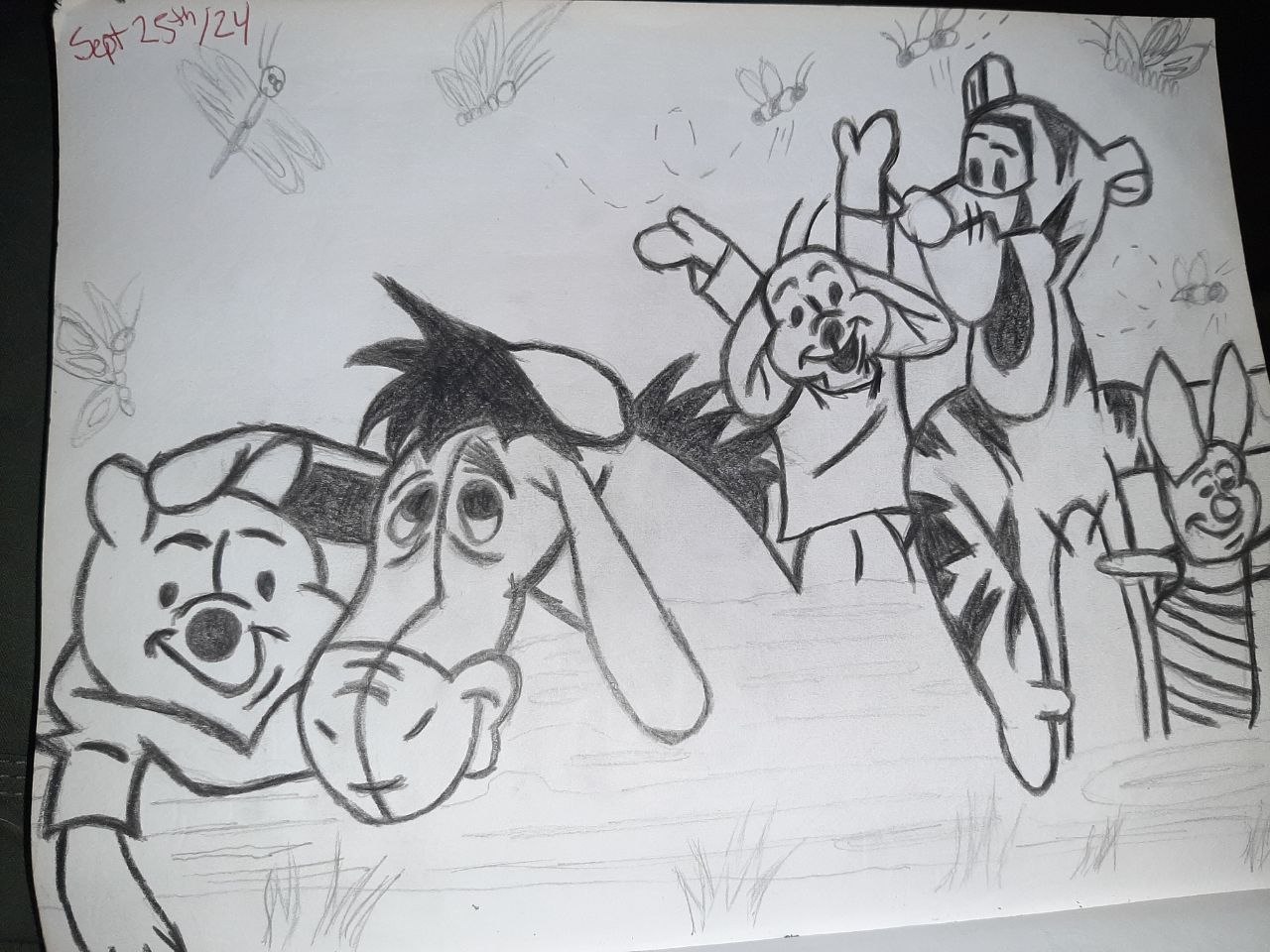 Freehand Winnie the Pooh sketch: Pooh, Eeyore, Tigger and Piglet clustered, dated Sept 25 2024