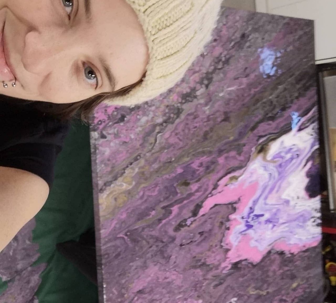 Commission fluid art painting in garage studio, with scale reference showing 36x36 inches