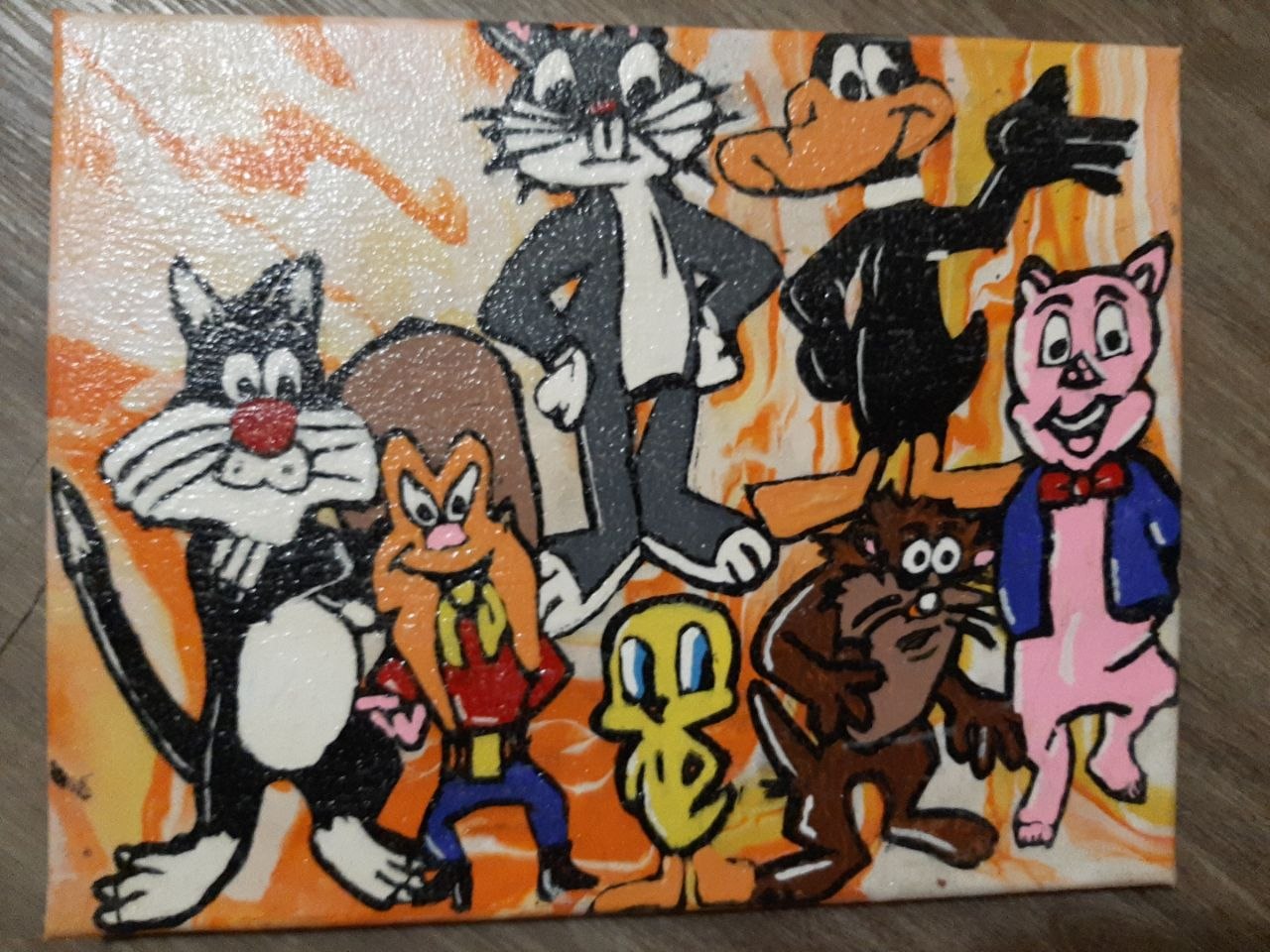 Freehand drawing painted on canvas and sealed with gloss