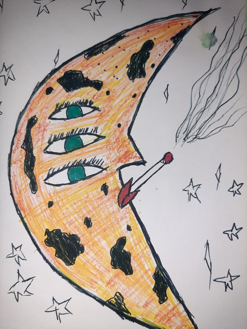 Freehand sketch of a crescent moon with three teal eyes holding a cigarette, surrounded by stars