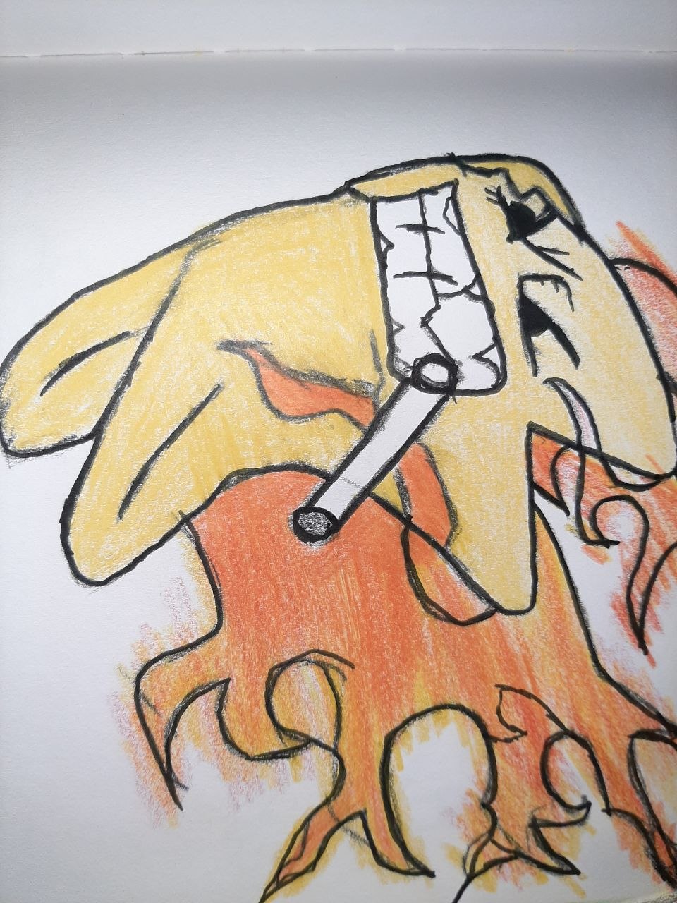 Freehand sketch of a lion-like creature with a cigarette, flame-edged