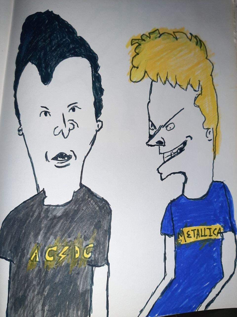 Freehand sketch of Beavis and Butt-Head with AC/DC and Metallica shirt logos