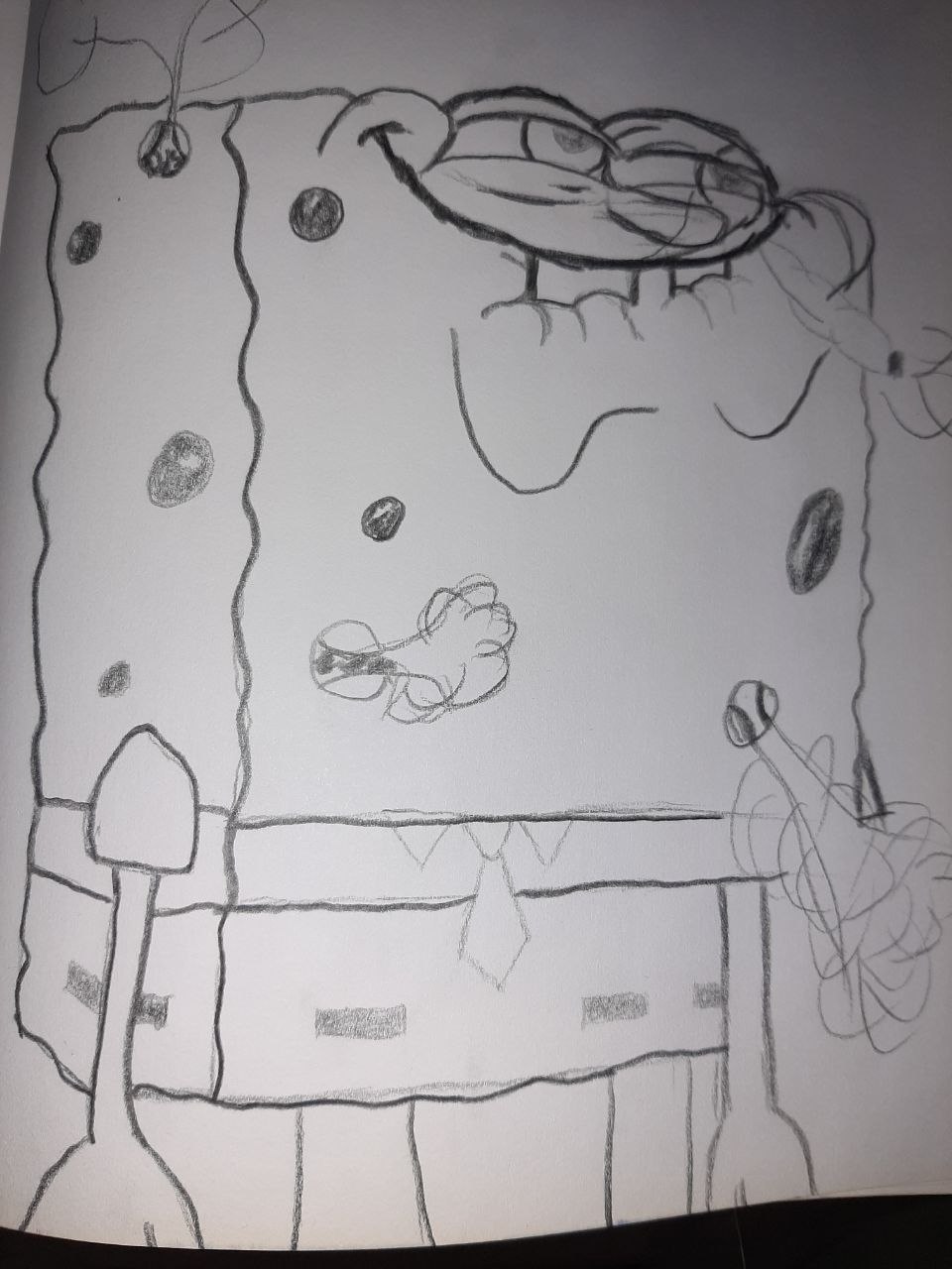 Freehand pencil sketch of SpongeBob SquarePants with his white collared shirt and tie