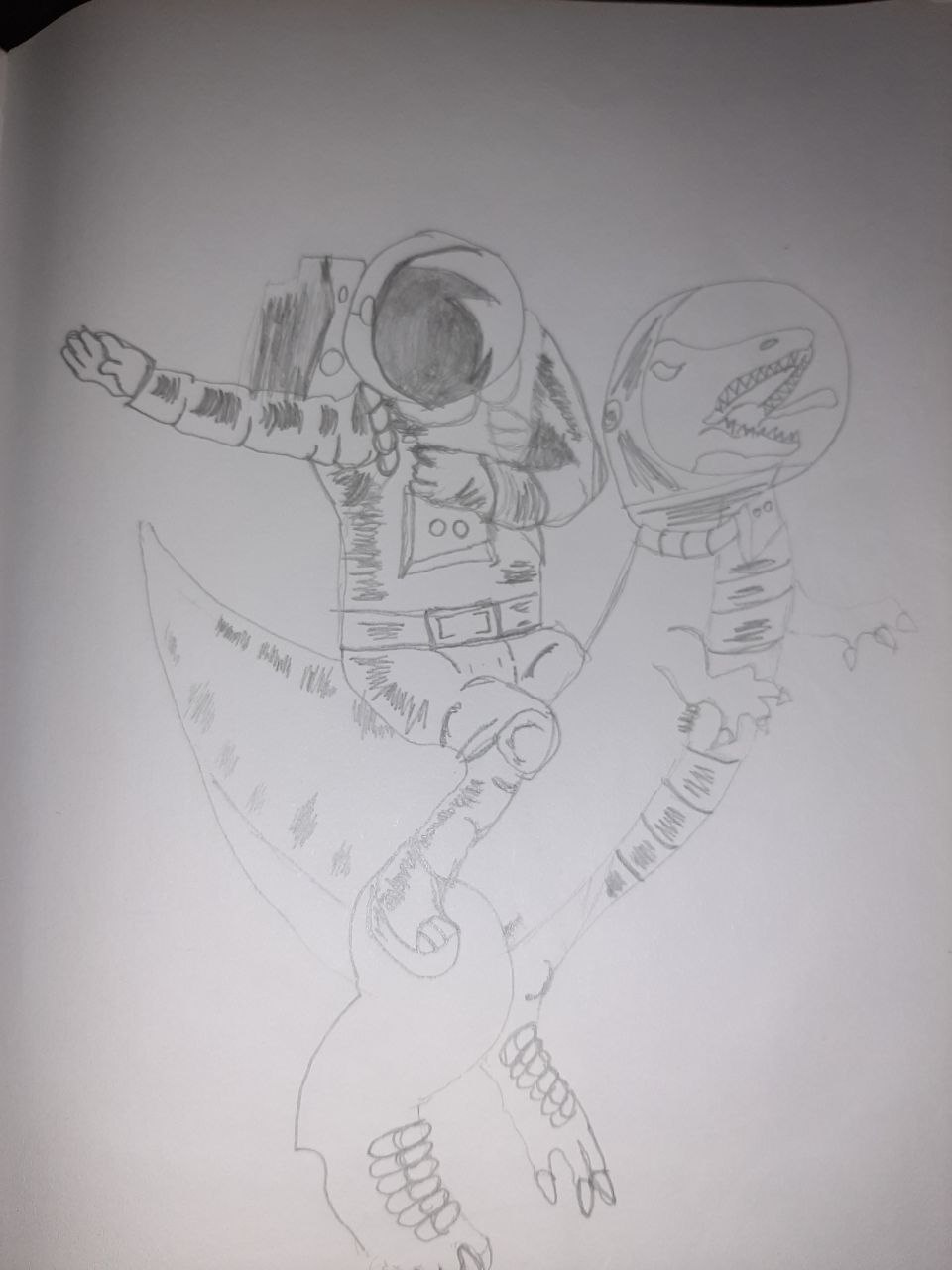 Freehand pencil sketch of an astronaut riding a reptilian, toothed creature with a wing fin