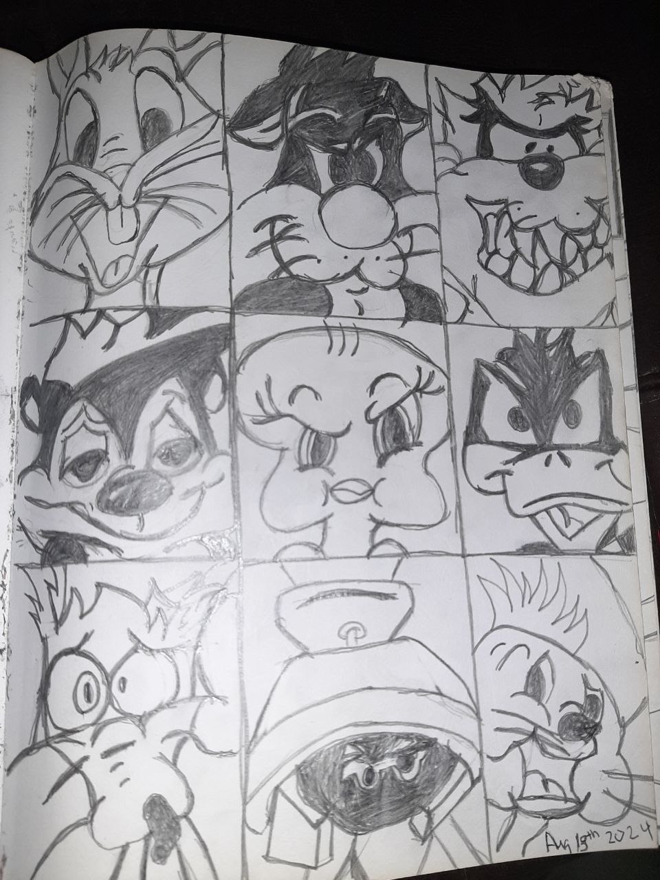 Freehand sketchbook page with 9 Looney Tunes character studies (Bugs, Sylvester, Taz, Daffy, Marvin, Wile E.) dated Aug 13 2024