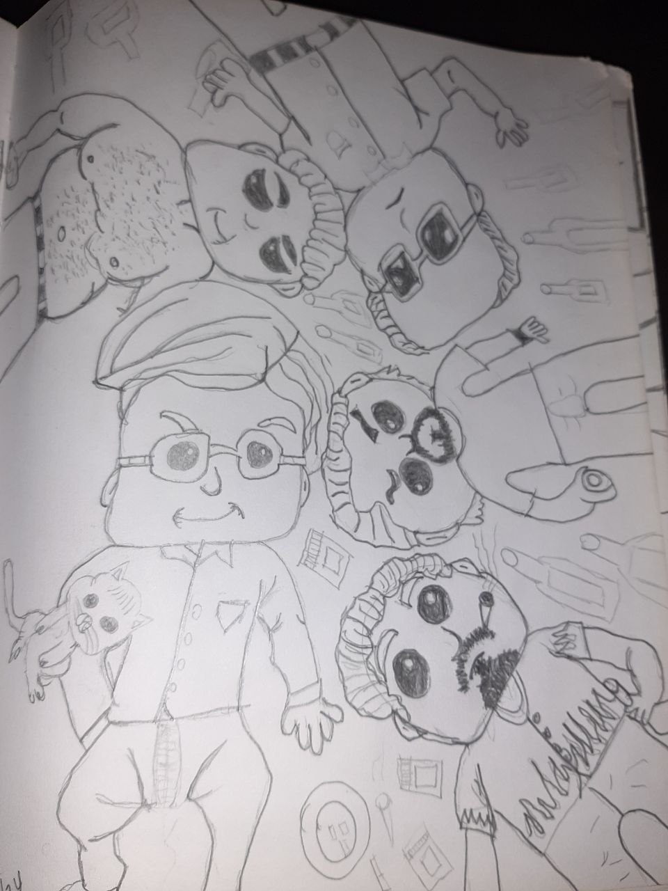 Freehand pencil sketch of six lounging cartoon men, one holding a striped kitten, with mustaches, glasses and a cigarette
