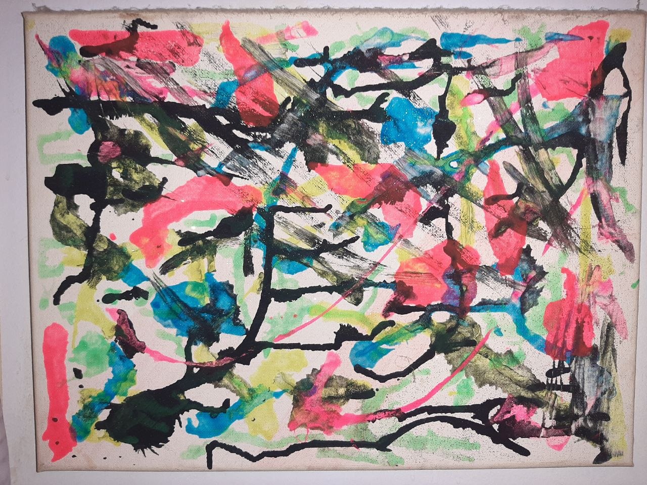 One of Lissa's first fluid-acrylic pour paintings — hot-pink pours over black skeletal lines on raw canvas