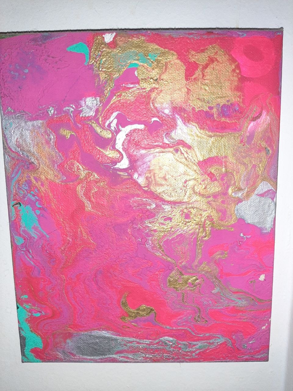 Fourth origin painting — hot pink and magenta base with metallic gold and silver swirl cells