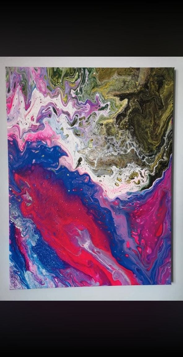 Untitled earthy magenta/royal blue fluid art on canvas
