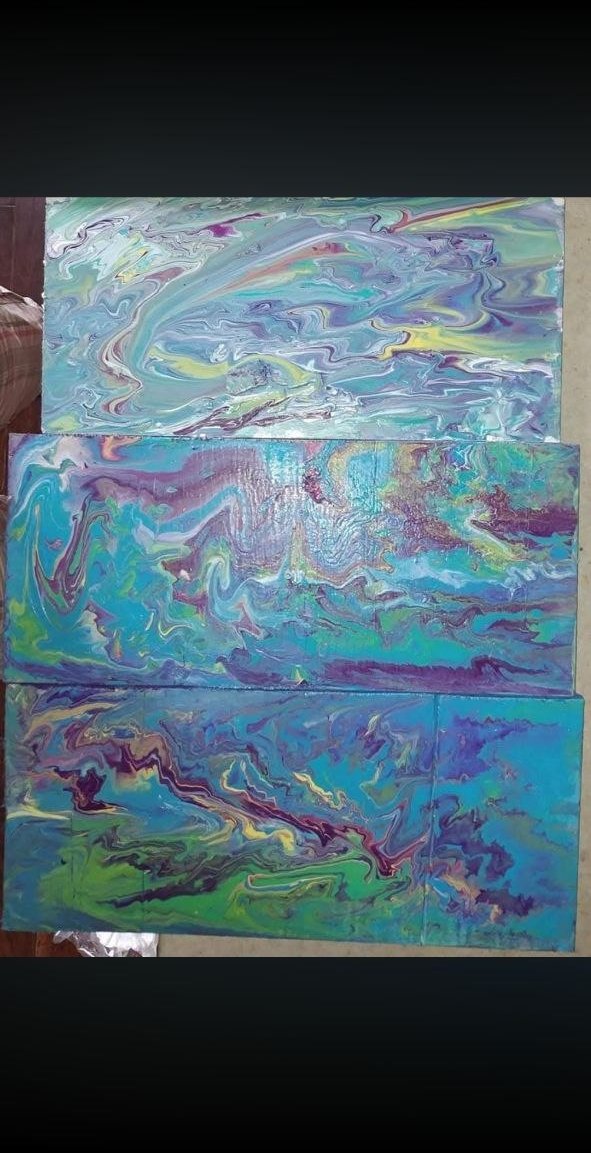 Untitled 3-panel triptych — teal/purple/lavender stacked