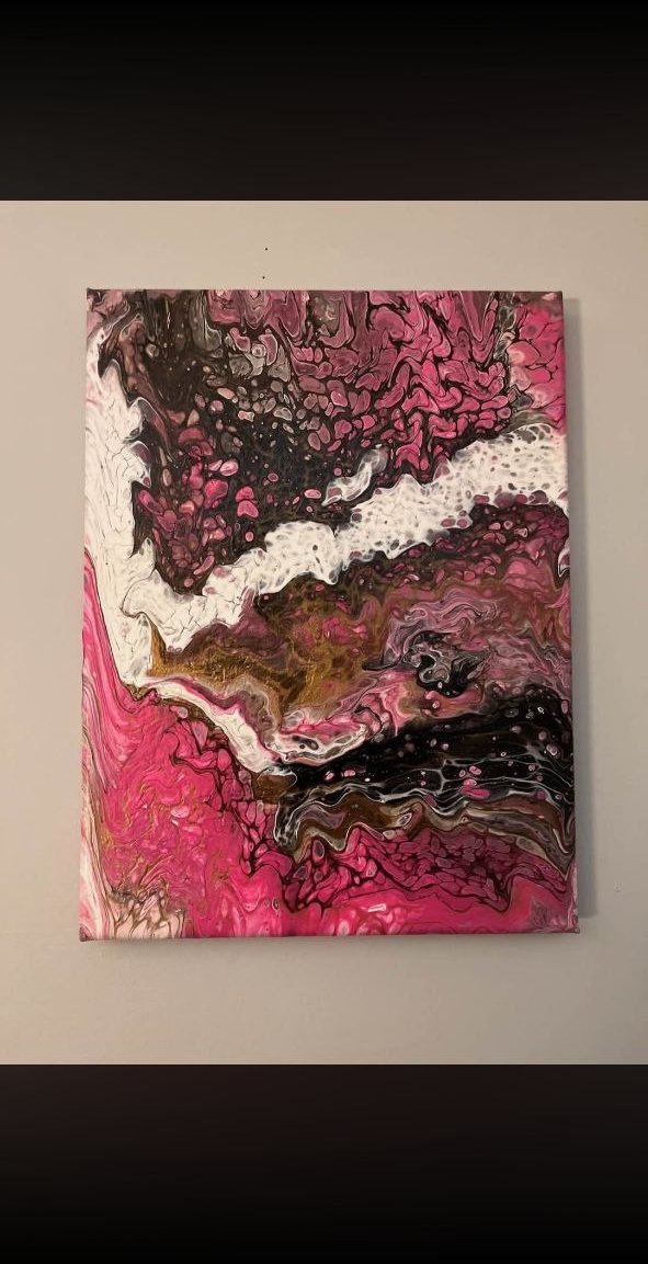 Untitled black/white/red fluid art pour on canvas with red curtain