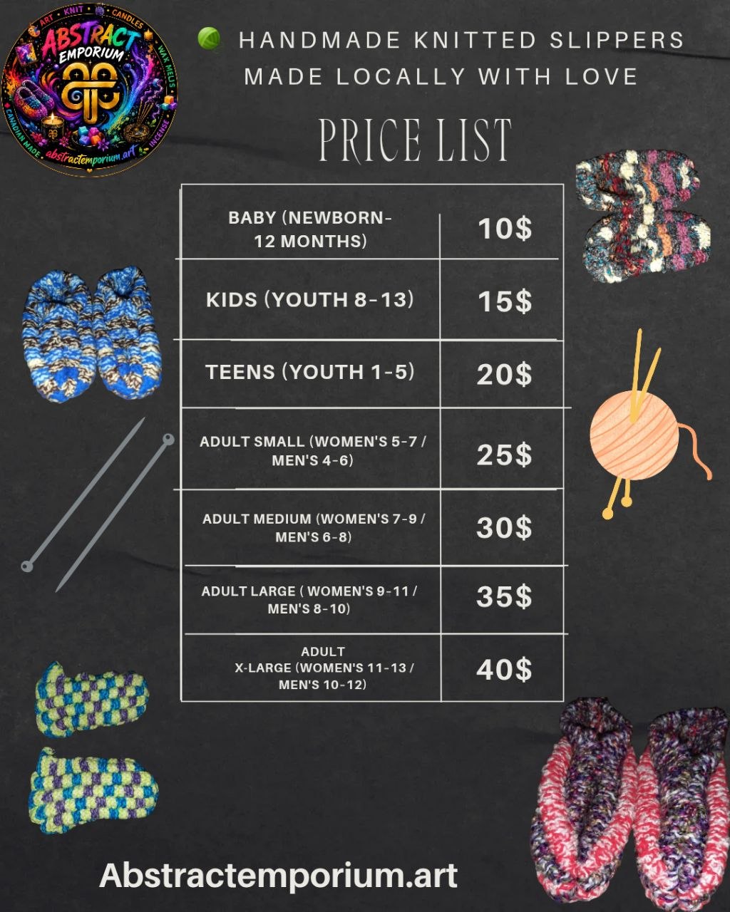 Slippers pricing chart — prices for babies through XL adults