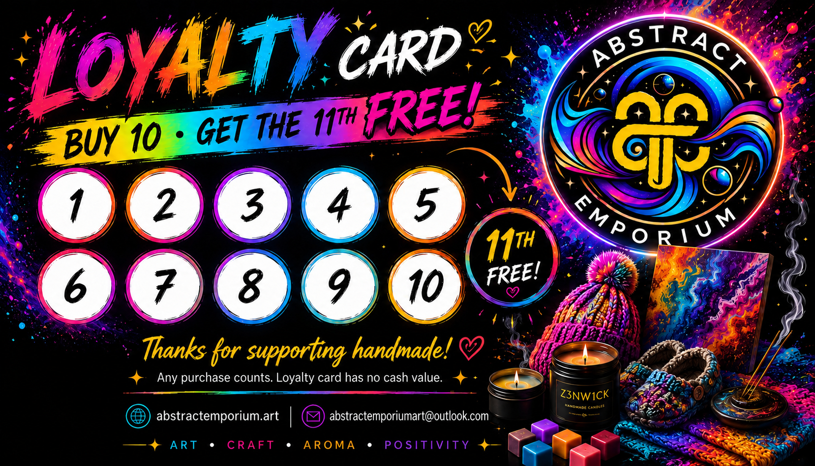 Abstract Emporium loyalty card — buy 10 paid orders, get 1 free item